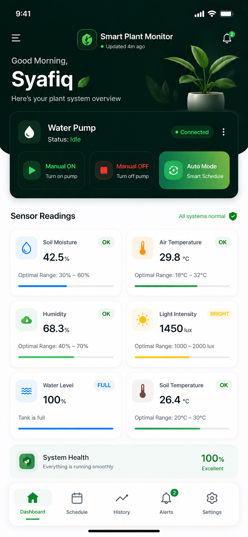 Smart Plant Monitor Flutter App Dashboard — live sensor readings, pump control, and system health